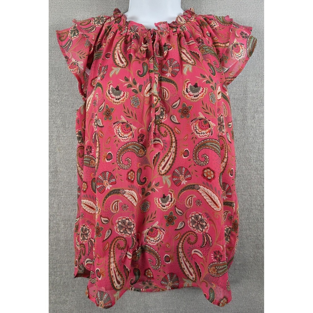 Ann Taylor LOFT Blouse Womens M Pink Paisley Ruffle Flowy Cottagecore Fairy